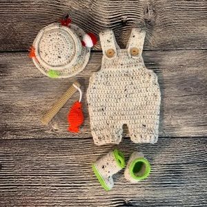 EUC Baby Knit Fisherman Outfit with Hat, Boots, and Fishing Pole 12-18 months